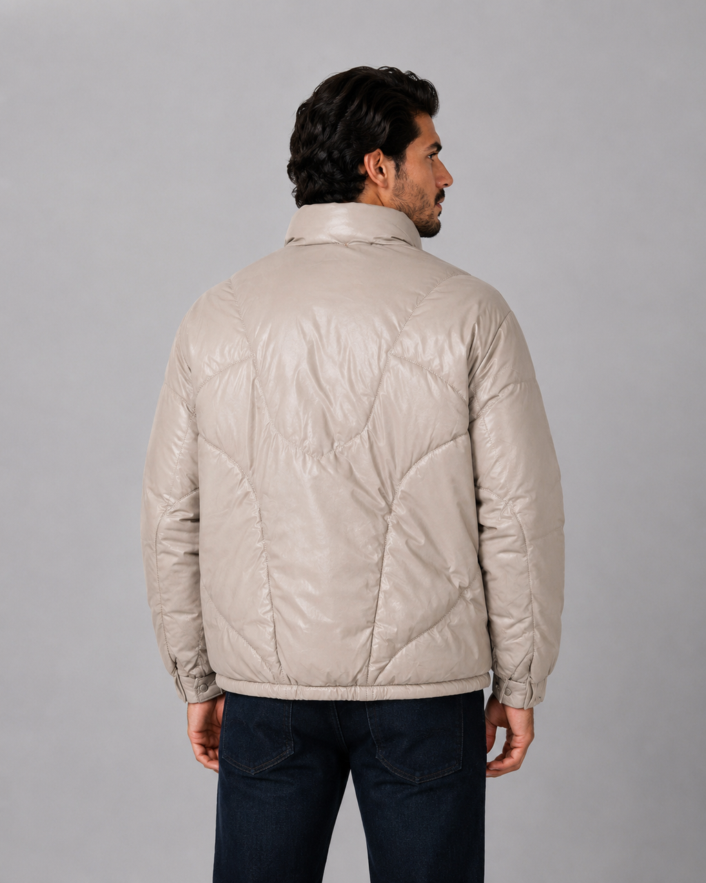 Leather Puffer Jacket Beige