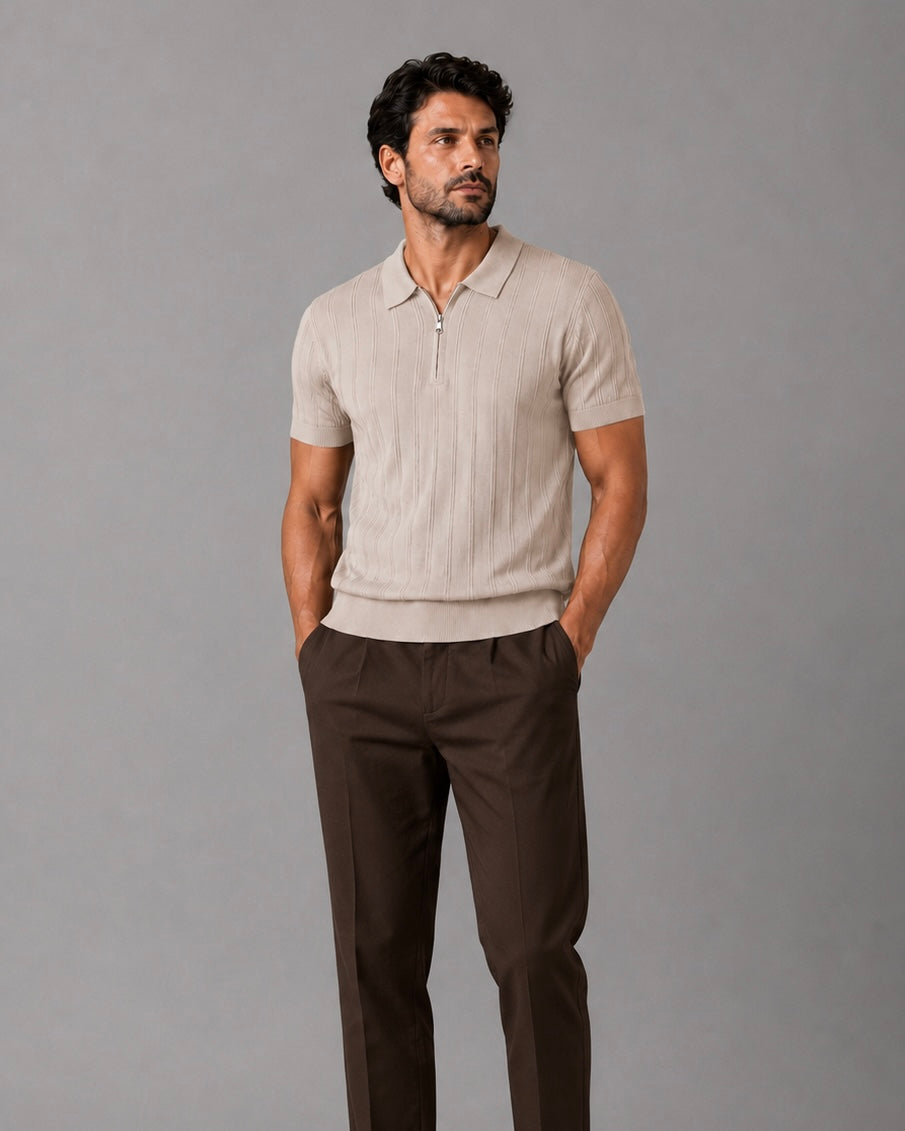 Trikot Ribbed Zip Polo-  Beige