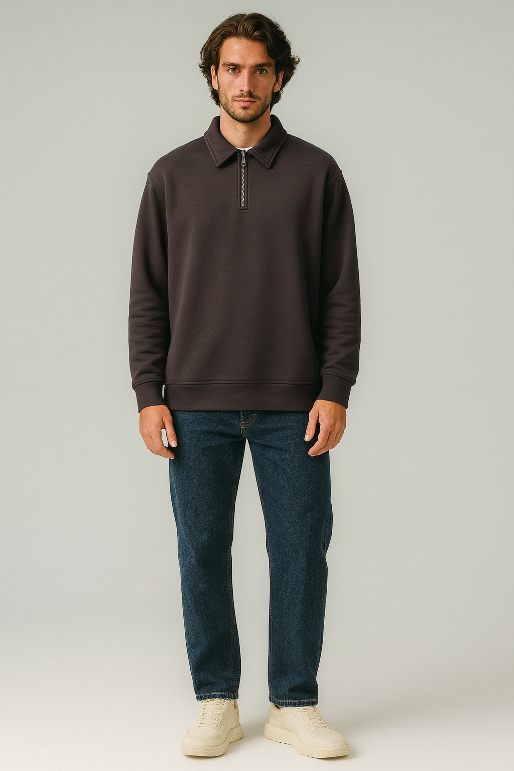 Cotton Quarter Zip sweatshirt Brown