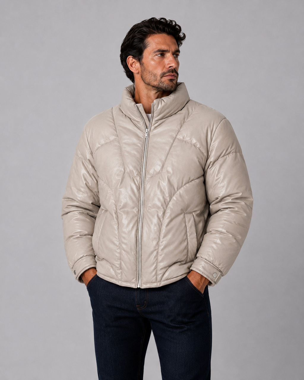 Leather Puffer Jacket Beige