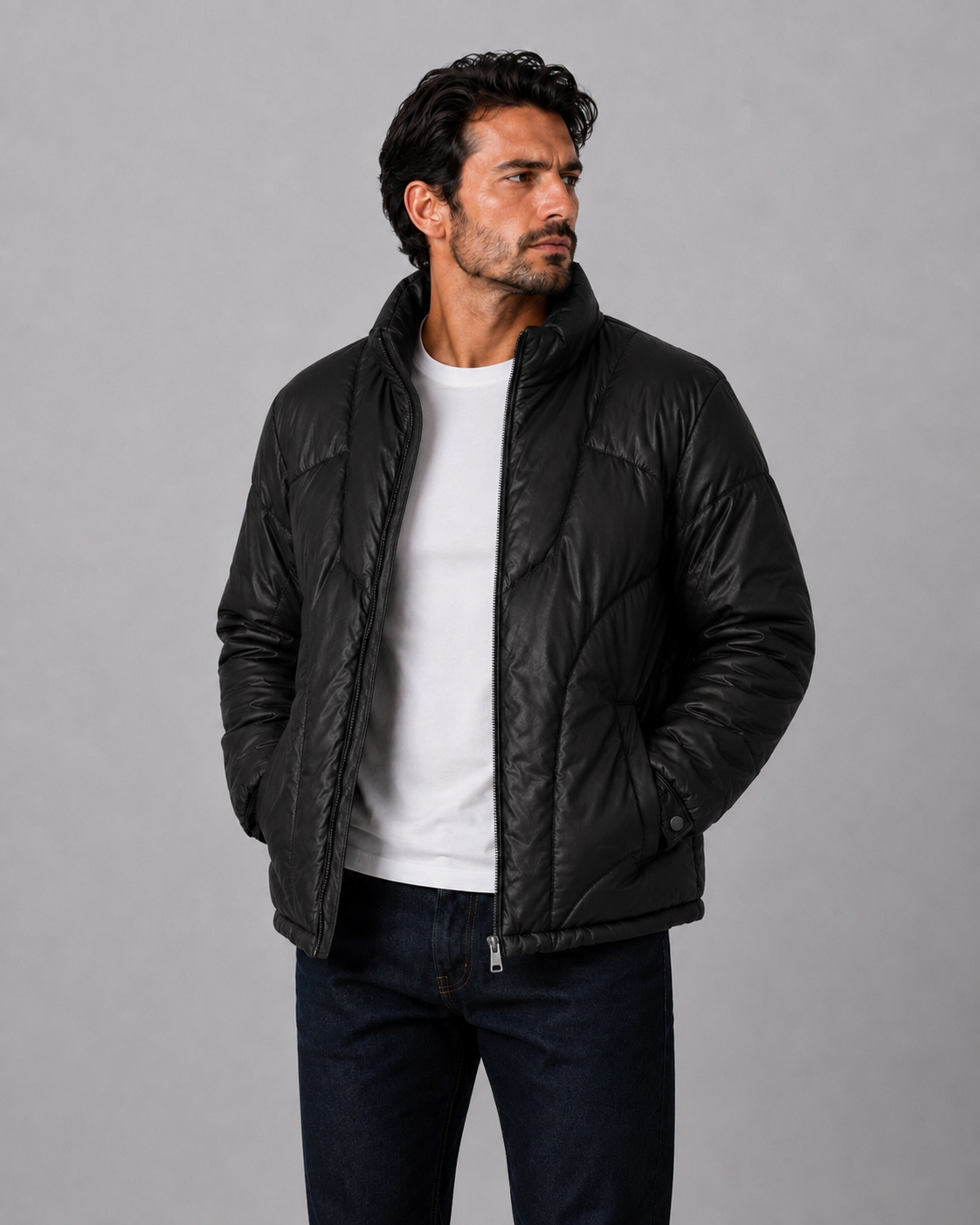 Leather Puffer Jacket Black