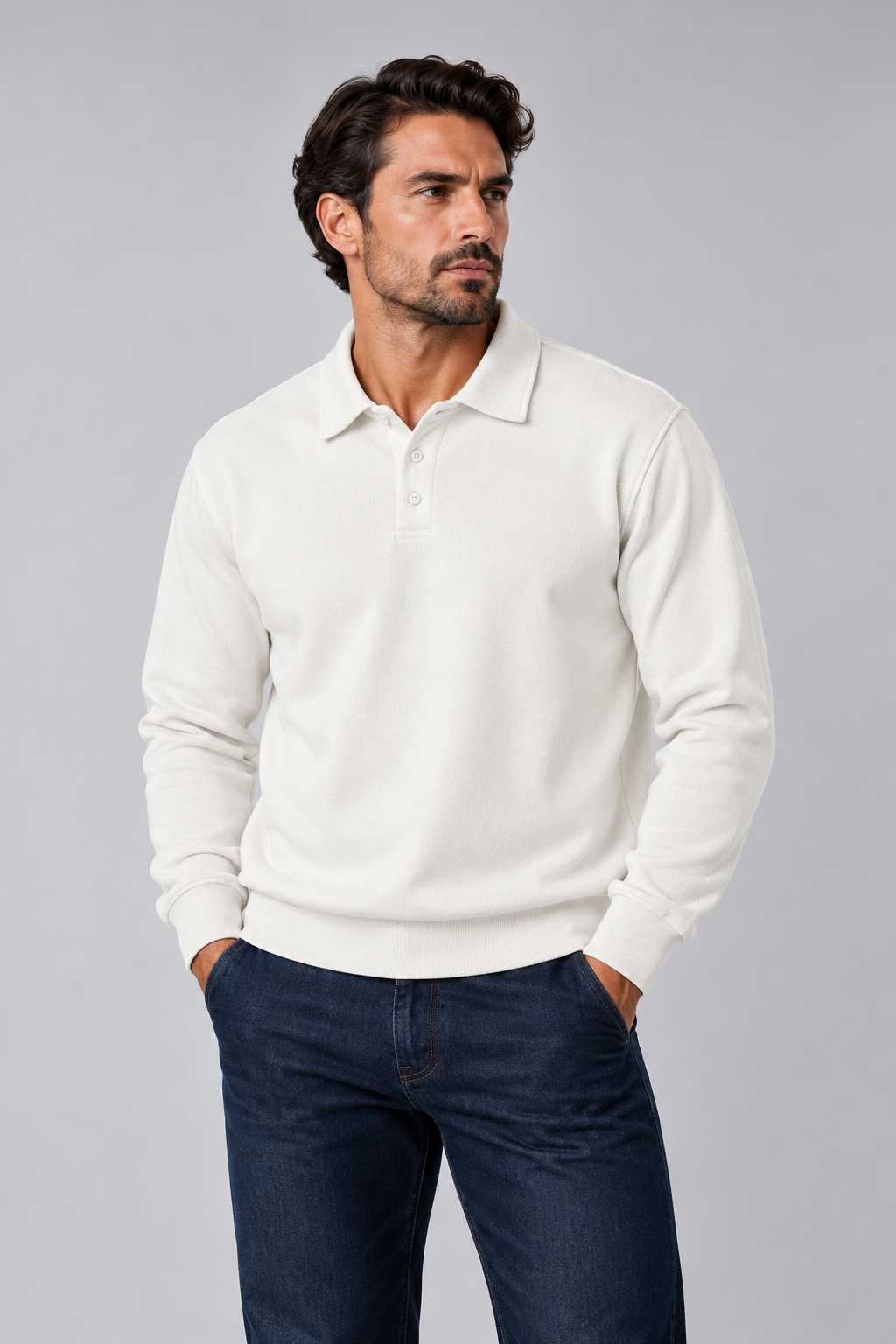 Ribbed Polo Sweatshirt Long Sleeve White