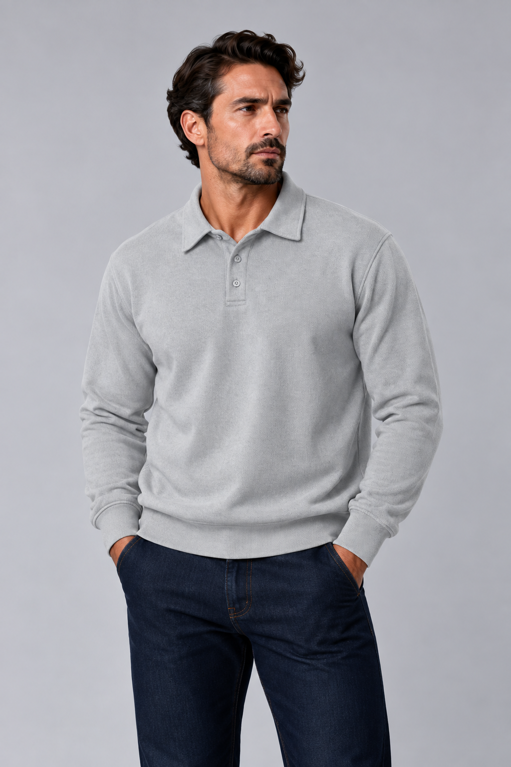 Ribbed Polo Sweatshirt Long Sleeve Grey