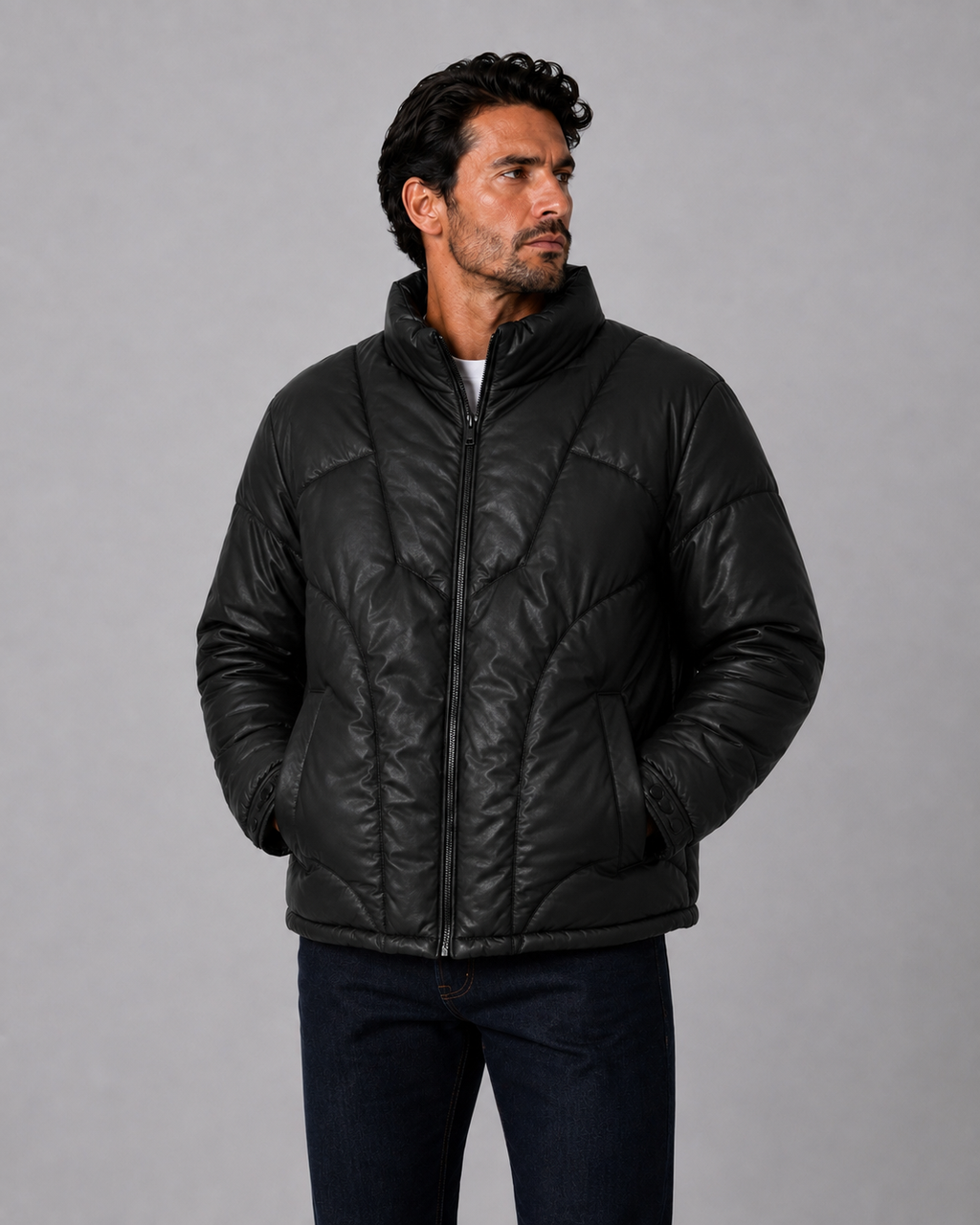 Leather Puffer Jacket Black