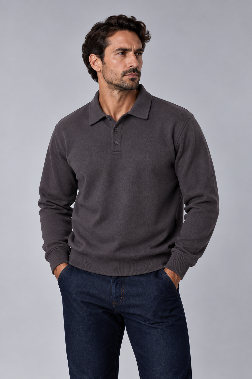 Ribbed Polo Sweatshirt Long Sleeve Charcoal