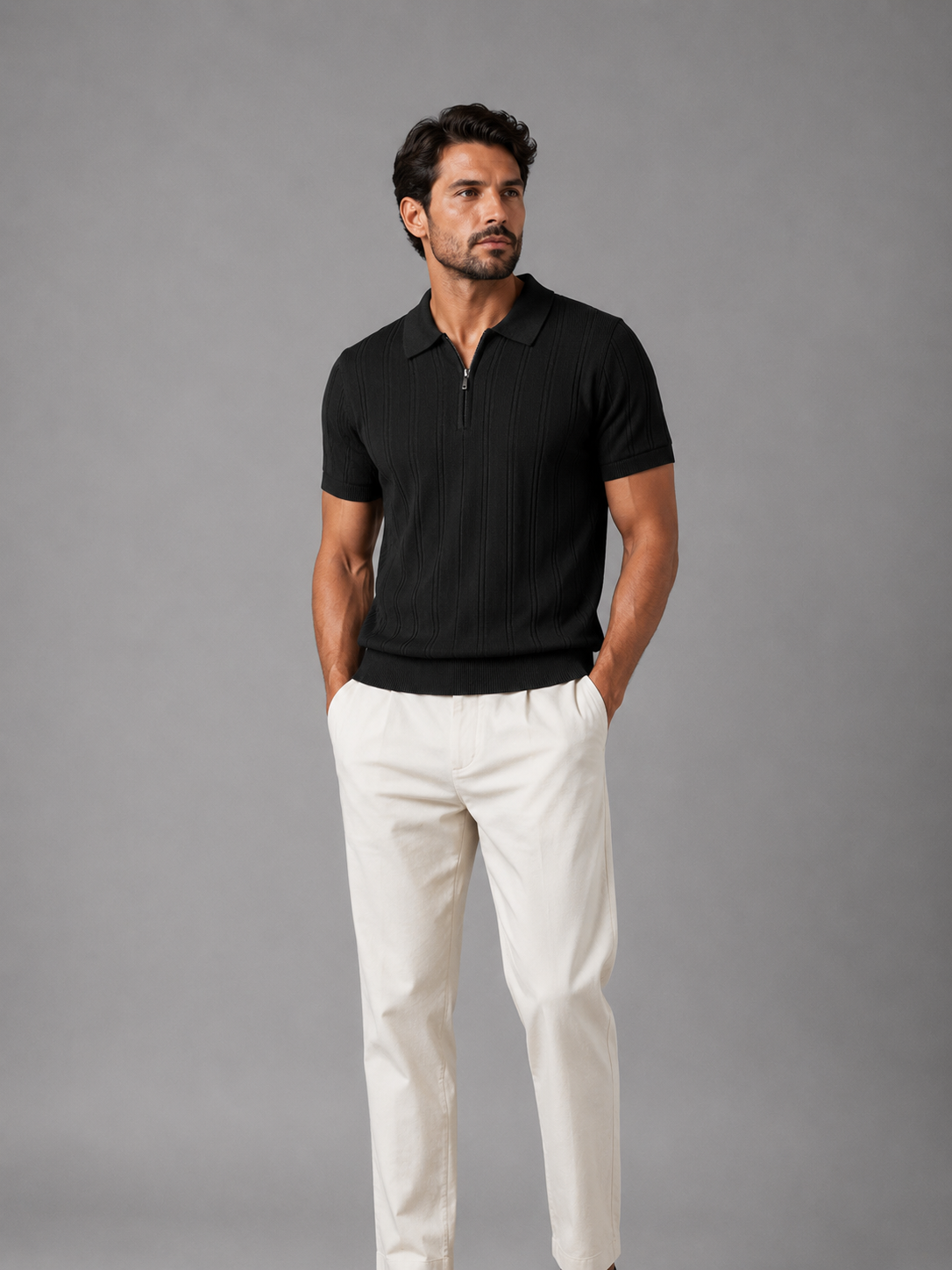 Trikot Ribbed Zip Polo- Black