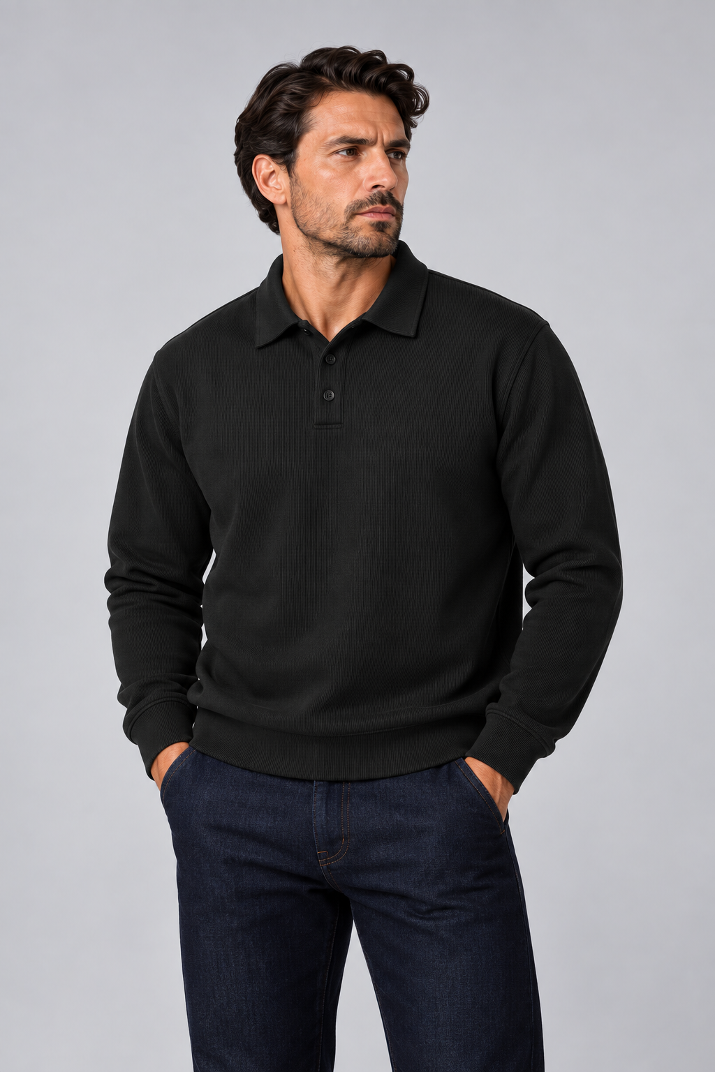 Ribbed Polo Sweatshirt Long Sleeve Black