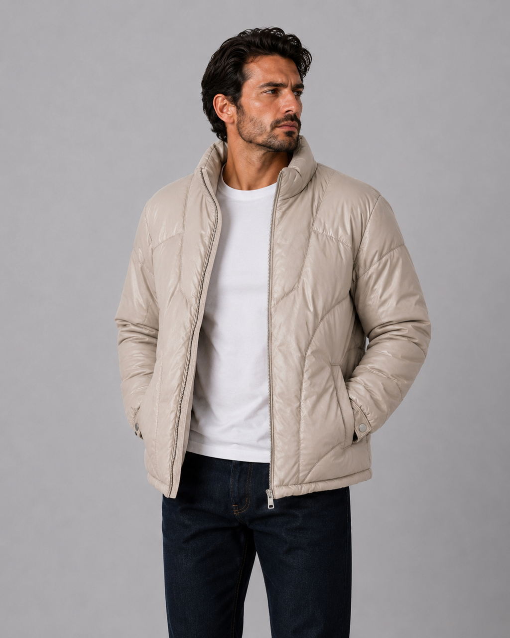 Leather Puffer Jacket Beige