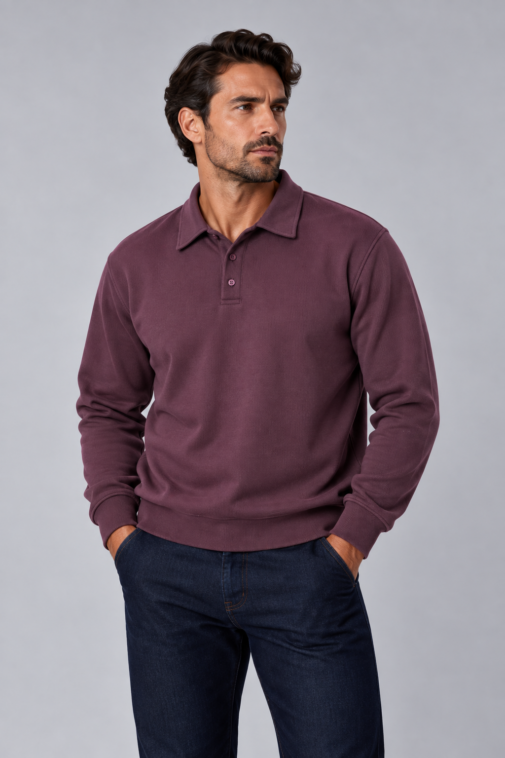 Ribbed Polo Sweatshirt Long Sleeve Purple