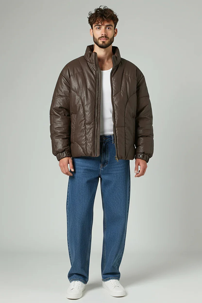 Leather Puffer Jacket Brown