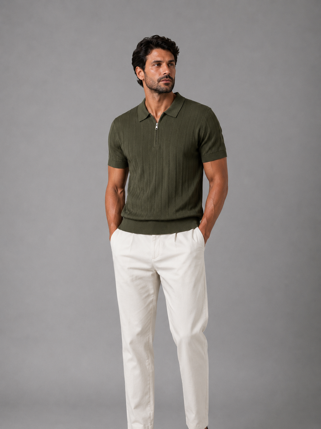 Trikot Ribbed Zip Polo-  Olive Green
