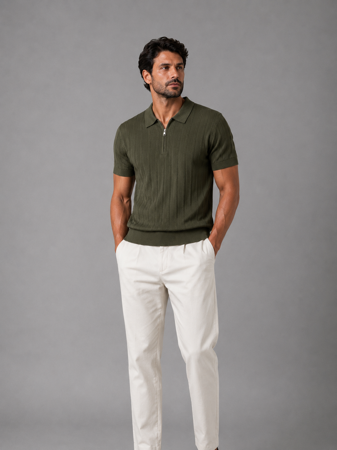 Trikot Ribbed Zip Polo-  Olive Green