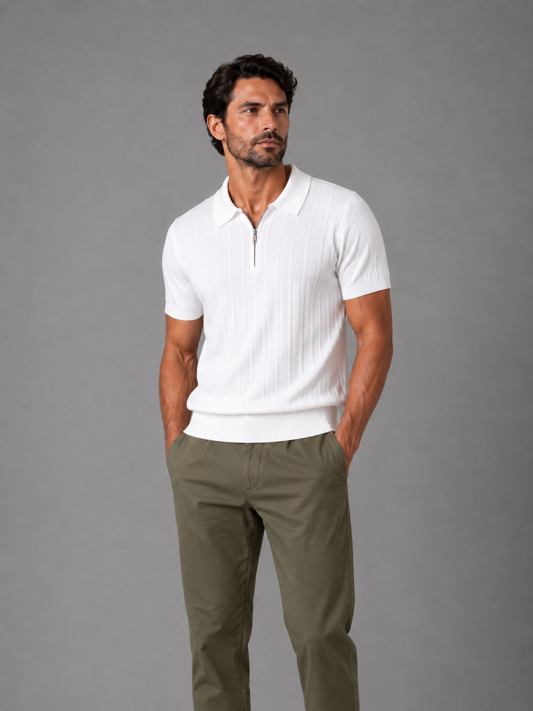 Trikot Ribbed Zip Polo- White