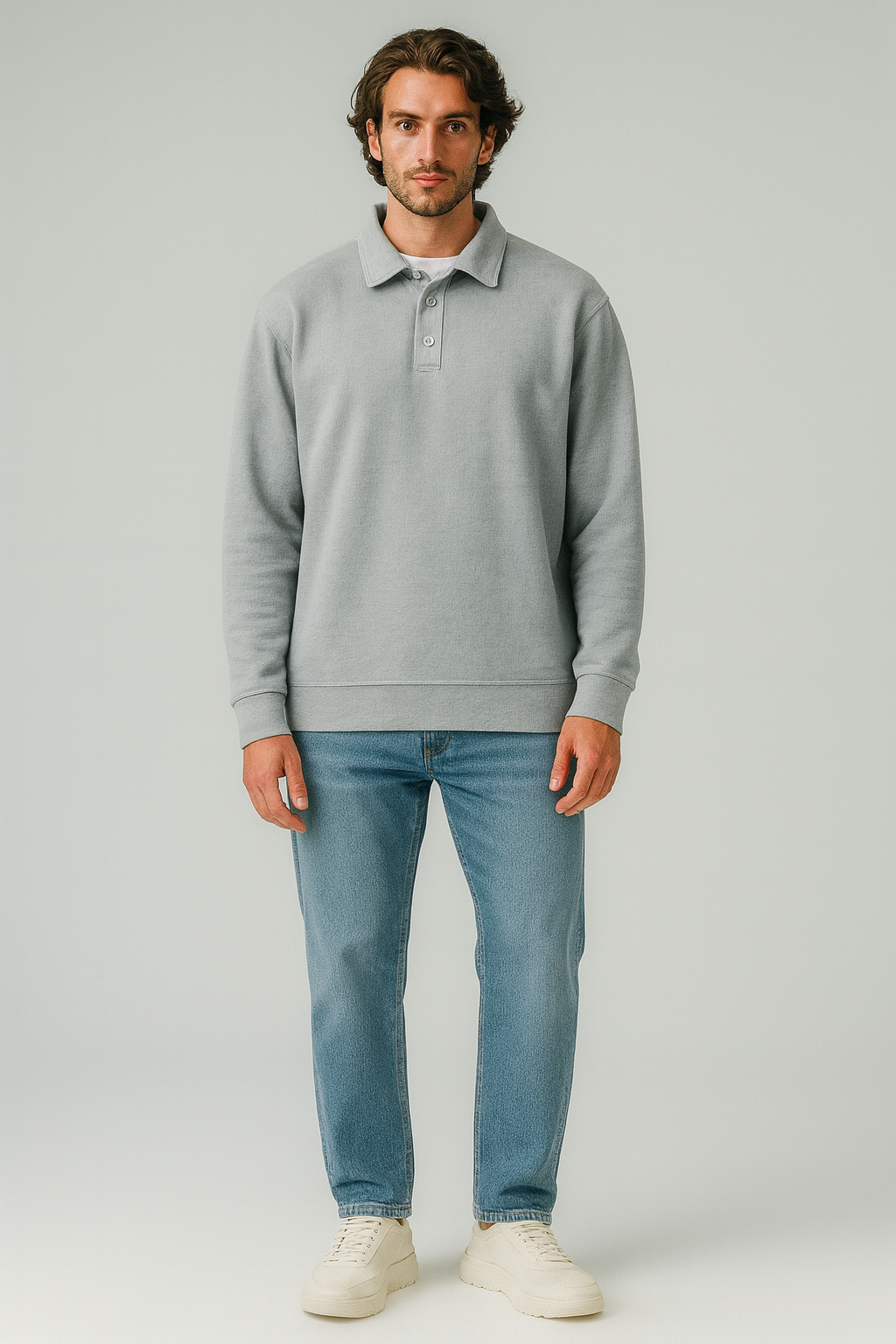 Ribbed Polo Sweatshirt Long Sleeve Grey