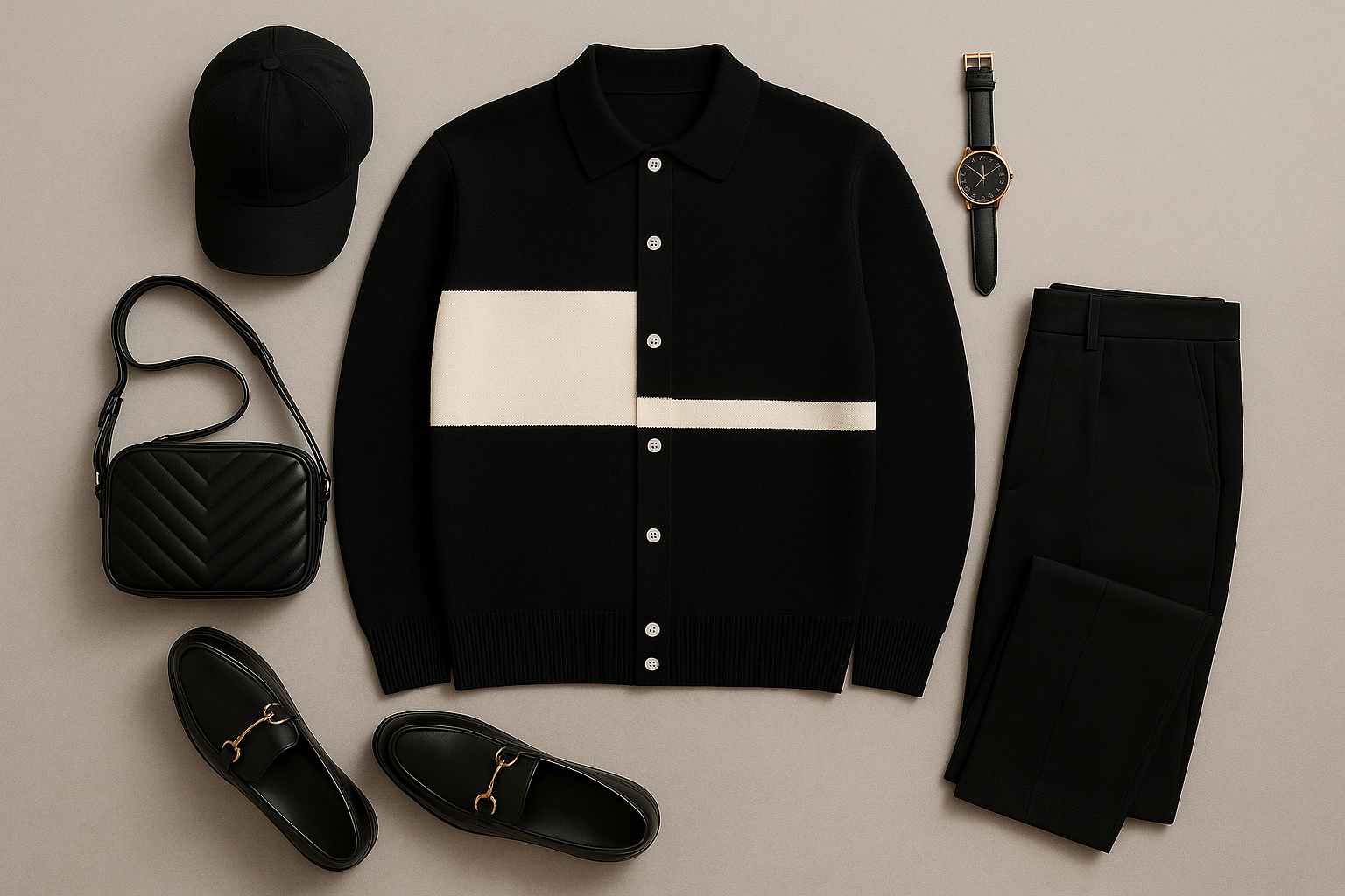 Black and white outfit with jacket, pants, shoes, bag, and watch on a beige background