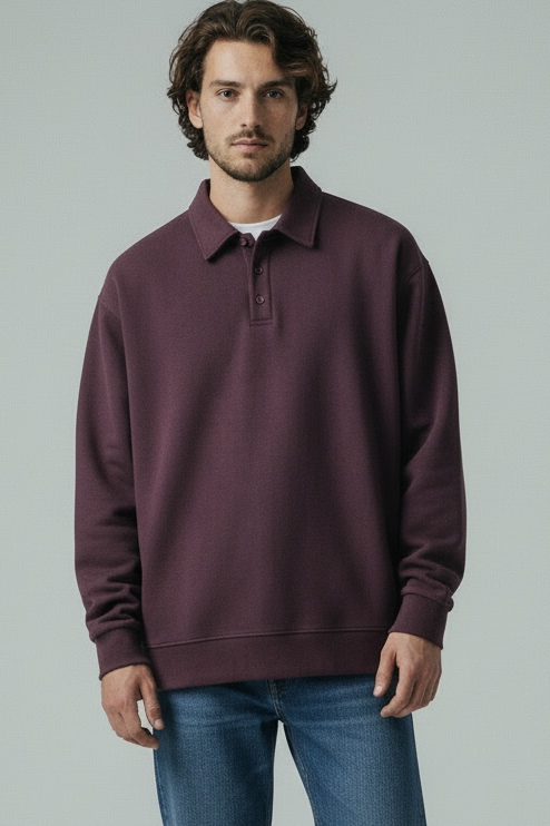 Ribbed Polo Sweatshirt Long Sleeve Purple