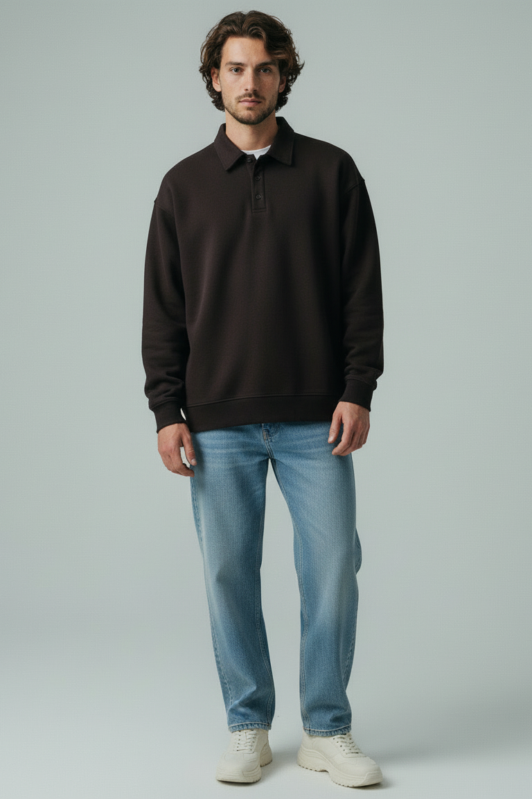 Ribbed Polo Sweatshirt Long Sleeve Charcoal