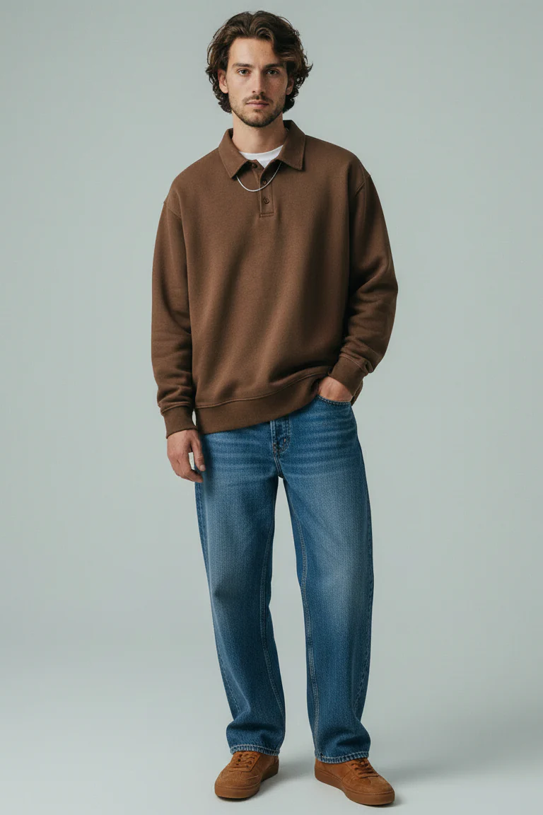 Ribbed Polo Sweatshirt Long Sleeve Brown