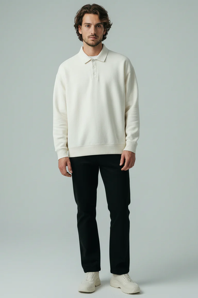 Ribbed Polo Sweatshirt Long Sleeve White