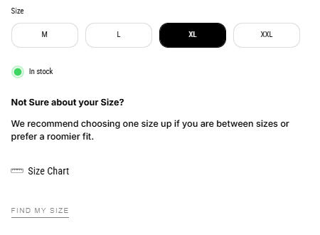 Example of a NUE product page showing Size Chart and Find My Size below the size options.